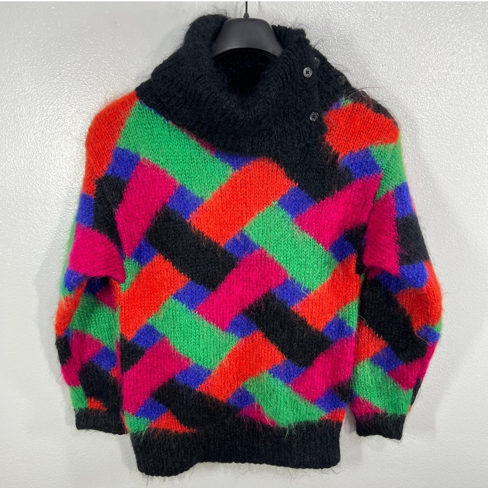 Vintage Classiques Fuzzy Mohair Blend Colorblock Sweater 80s Bold Geometric M